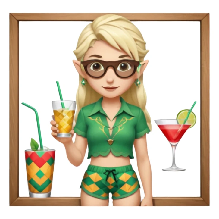 elf female legolas portrait, patterned board shorts (geometric/abstract), unique wooden-framed sunglasses, undercut hairstyle, slight smirk, visible pointy ears, no background, centered emoji, hipster summer vibe coctails sticker