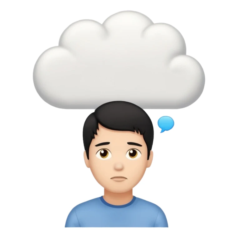 A thinking black hair male person with a white empty thought cloud sticker