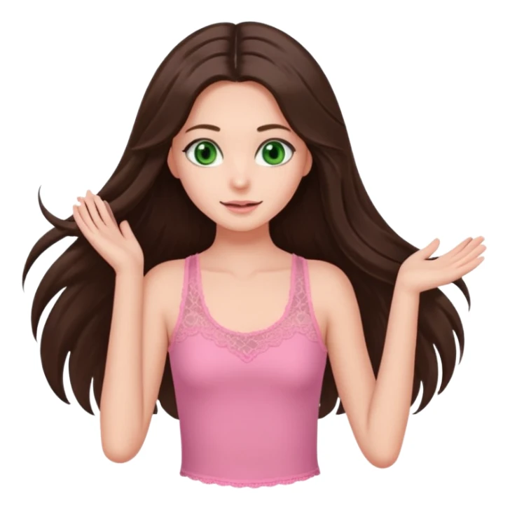 super long haired brunette with middle part cute pink lacy tank white but tan green eyes doing a hairflip sticker