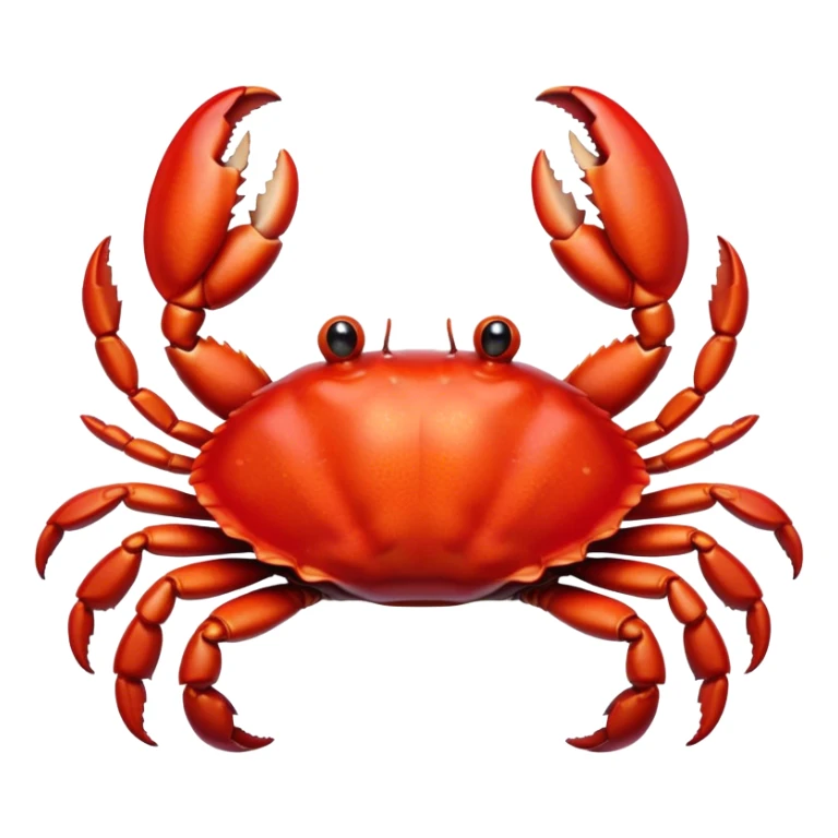 Cinematic Realistic Cute Crab Portrait Emoji, Head tilted playfully and inquisitively, featuring a compact, sturdy form with a glossy red shell uniquely forming an endearing face with bright, sparkling eyes, rendered with intricate natural textures and subtle coastal hues, high shine, affectionate and spirited, styled with a touch of seaside whimsy, soft glowing outline, capturing the essence of a mischievous yet lovable crab that seems ready to pinch playfully out of the screen into your arms! sticker