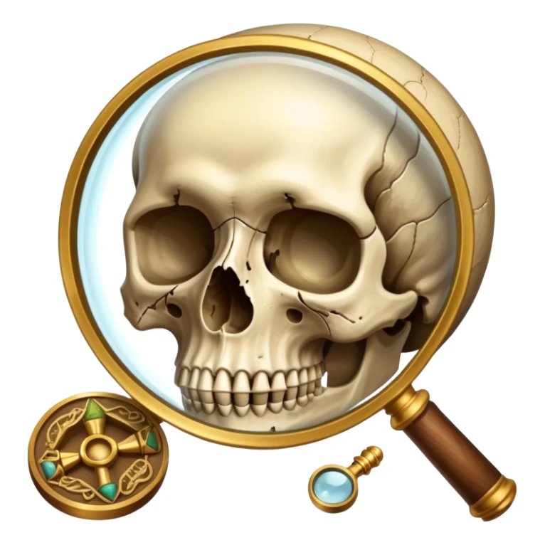 An icon showing a skull and ancient artifacts, representing anthropology. The design features a magnifying glass examining bones, fossils, and cultural symbols, symbolizing the study of human evolution and societies. Transparent background emphasizes the academic and exploratory nature. sticker