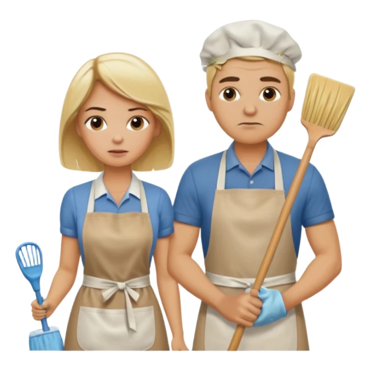 A blonde women slaving away cleaning a kitchen while her blonde husband scowls at her sticker
