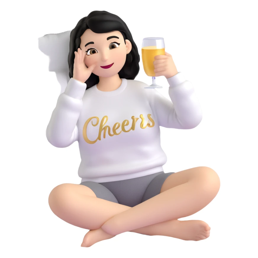 A woman with shoulder-length black hair, light to medium skin tone, full cheeks, and almond-shaped eyes, wearing a white sweater with the word 'cheers' in gold script, lying comfortably on a bed with soft lighting, joyful and radiant expression sticker