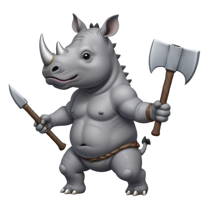 A rhino running on two legs with an axe in his hands, raised above his head sticker