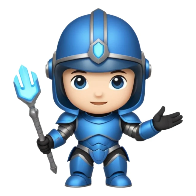 "Cute chibi-style armored hero sticker, oversized helmet, small body, glowing blue eyes, friendly waving pose, bold outlines, saturated colors, isolated on a plain white background, 2D cartoon style." sticker