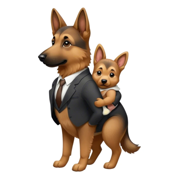 A German Shepard wearing suit with a baby on its back sticker
