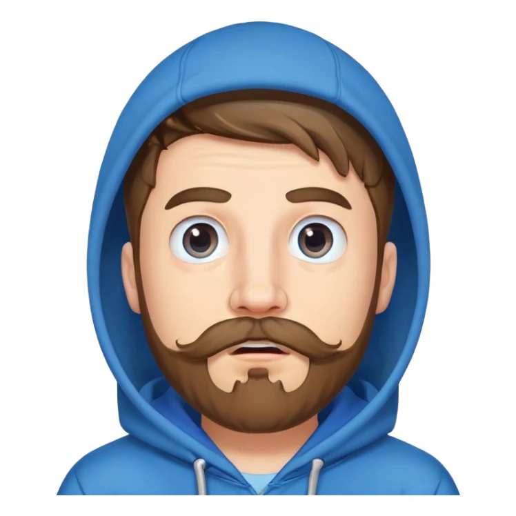 Mr. Beast wearing a blue hoodie, mustache and beard, surprised expression sticker