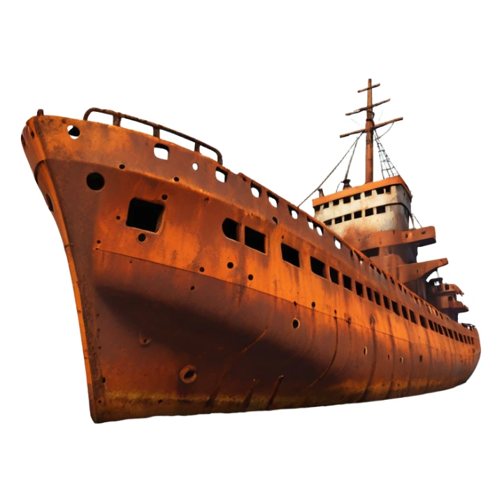 rusted ship wreck, heavily corroded metal hull, orange-brown rust textures, abandoned old ship, weathered surface, dramatic lighting, cinematic atmosphere, 3D cartoon style, mobile game environment art, clean composition, no people, no text, no watermark
 sticker