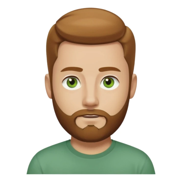 A young man with short light chestnut hair slicked back, a medium-length thick beard, and light green eyes. Fair skin, oval face, neutral expression. Wearing a dark t-shirt, plain light (white or gray) background. Shoulder-up front portrait. sticker