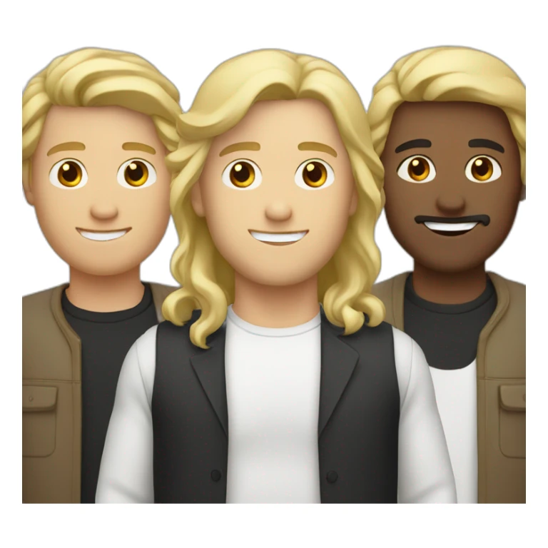 three men: one white with blond hair, another white with brown hair, one middle eastern with black hair sticker