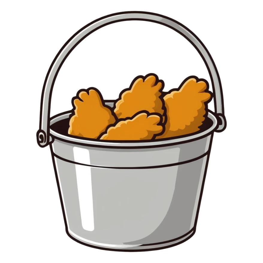 crispy fried chicken, golden-brown with light texture detail, in a silver steel bucket sticker