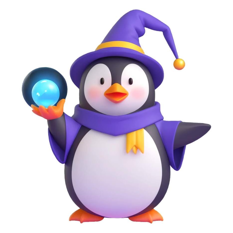 3D emoji style penguin wizard with a glowing orb and wizard hat sticker