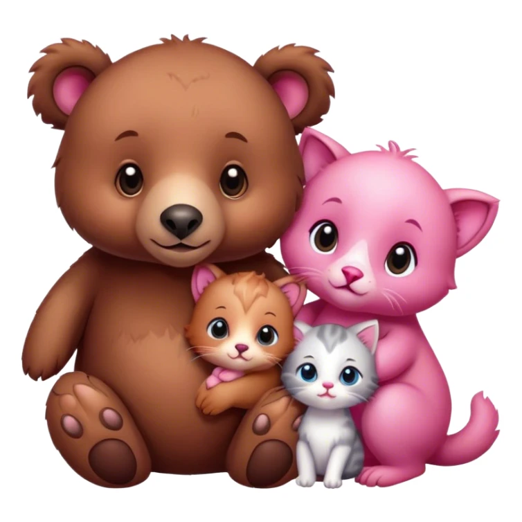 A cute realistic brown bear and a realistic cute pink dodo closely together. Between them there is a cute brown kitten sticker