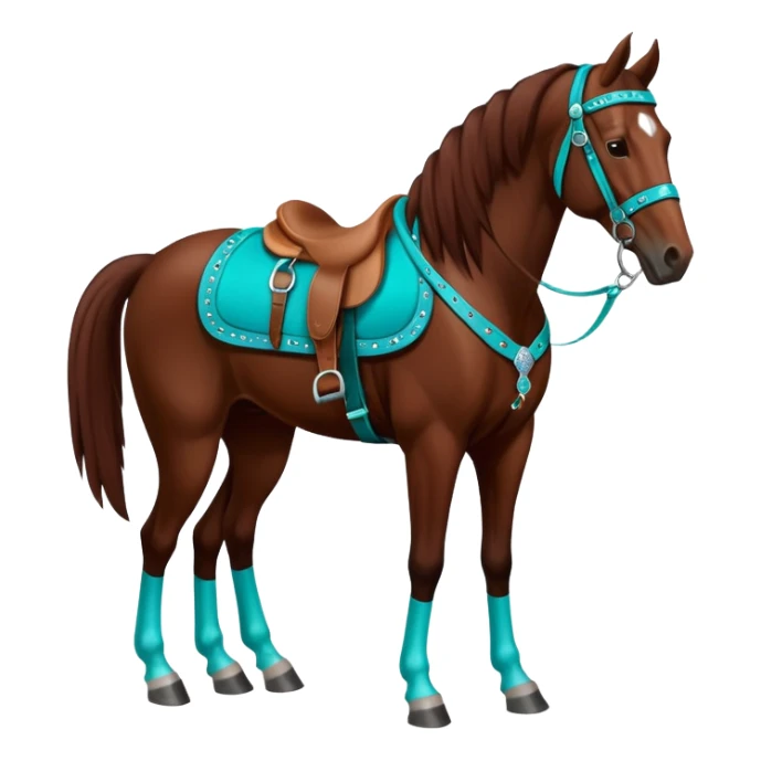 Dark chestnut horse with turquoise western tack full body standing still sticker