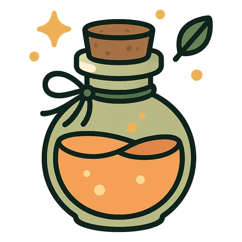 "A cute potion bottle with a whimsical and cozy design, featuring soft and warm colors: golden orange (FA9B41), deep forest green (4A7C5C), muted taupe brown (96775A), and pastel peach (FFCC9A). The bottle is small, round, and slightly vintage in style, with a cork stopper and a delicate ribbon tied around its neck. The potion inside glows faintly with a peachy-orange hue. Surroundings include soft lighting and a magical atmosphere, possibly with sparkles or tiny floating leaves, emphasizing a warm and enchanting mood. The style is charming, storybook-like, and detailed." sticker
