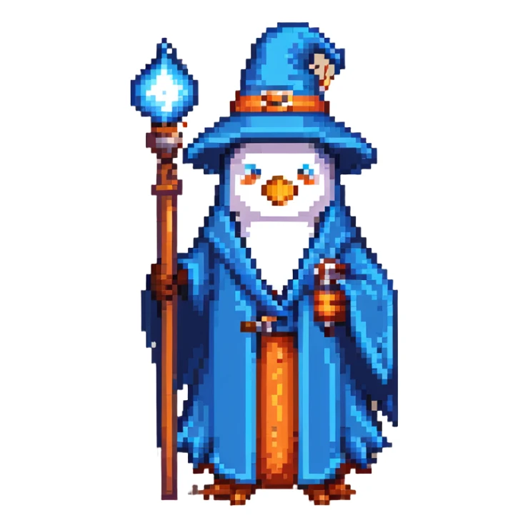 pixel art penguin wizard with a blue robe and staff sticker