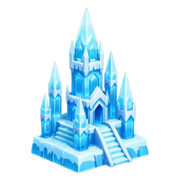 ice palace object icon, crystal ice palace, tall icy towers, transparent blue ice walls, sparkling details, soft glow, 3D cartoon, mobile game icon style, centered, clean background, soft shadow, no text, no watermark



 sticker