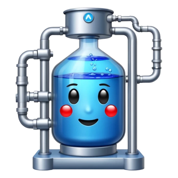 large 100L steel bioreactor with blue liquid visible inside, emoji style sticker
