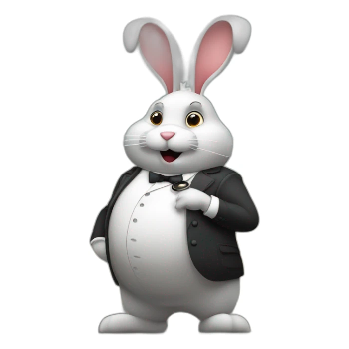 A giant full-length Victorian anthropomorphic fat rabbit holds a watch in his hands, making himself an important gentleman; Big Ben in the background; animated illustration sticker