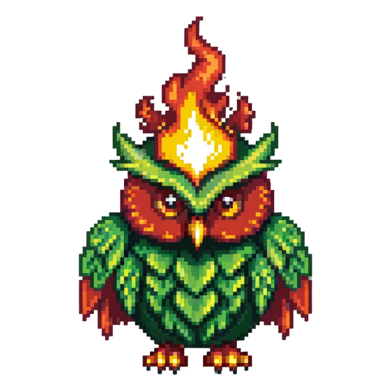 Duolingo green owl mascot with fire flames sticker