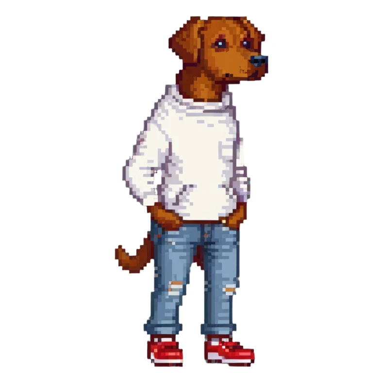 Brown dog standing upright with hands in jean pockets, wearing a white sweater and red shoes sticker