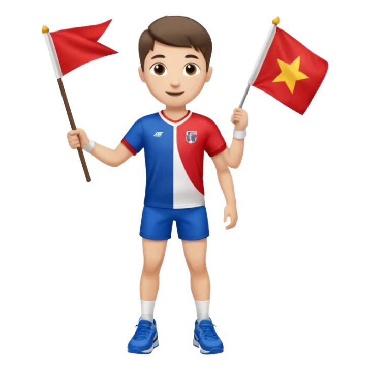 A boy in a jersey, excitedly lifting a small handheld flag and shorts with simple sport shoes sticker