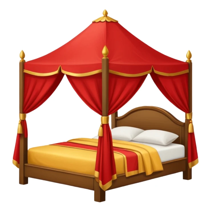 bed with red and gold sheets, wooden, canopy, simple sticker