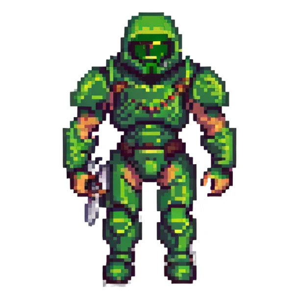 doom guy, pixel art style, retro video game look, green armor sticker