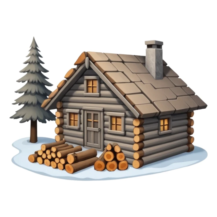 Greyish brownish winter cabin with wood logs laying outside sticker