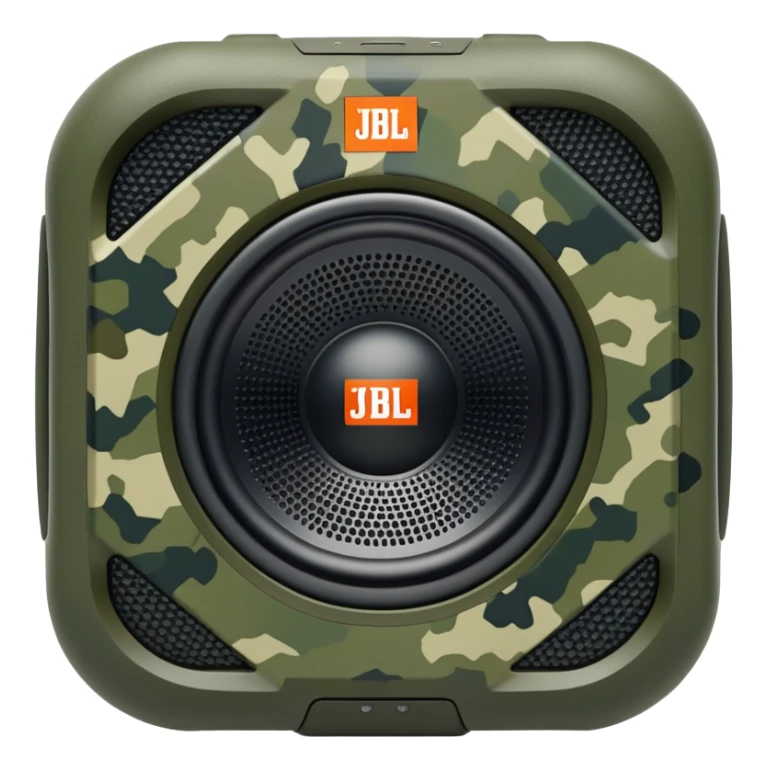 Geometric JBL Clip 4 speaker with olive green digital camouflage pattern, iOS emoji style sticker