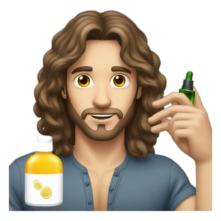 white skin men with long brunette hair with a perfum bottle sticker