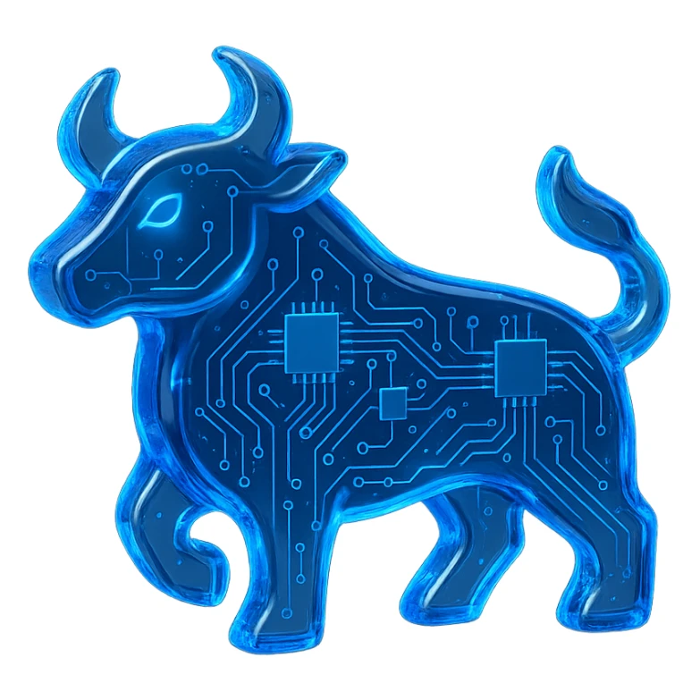 digital bull logo with blue LED glow, modern tech look, digital circuit style sticker