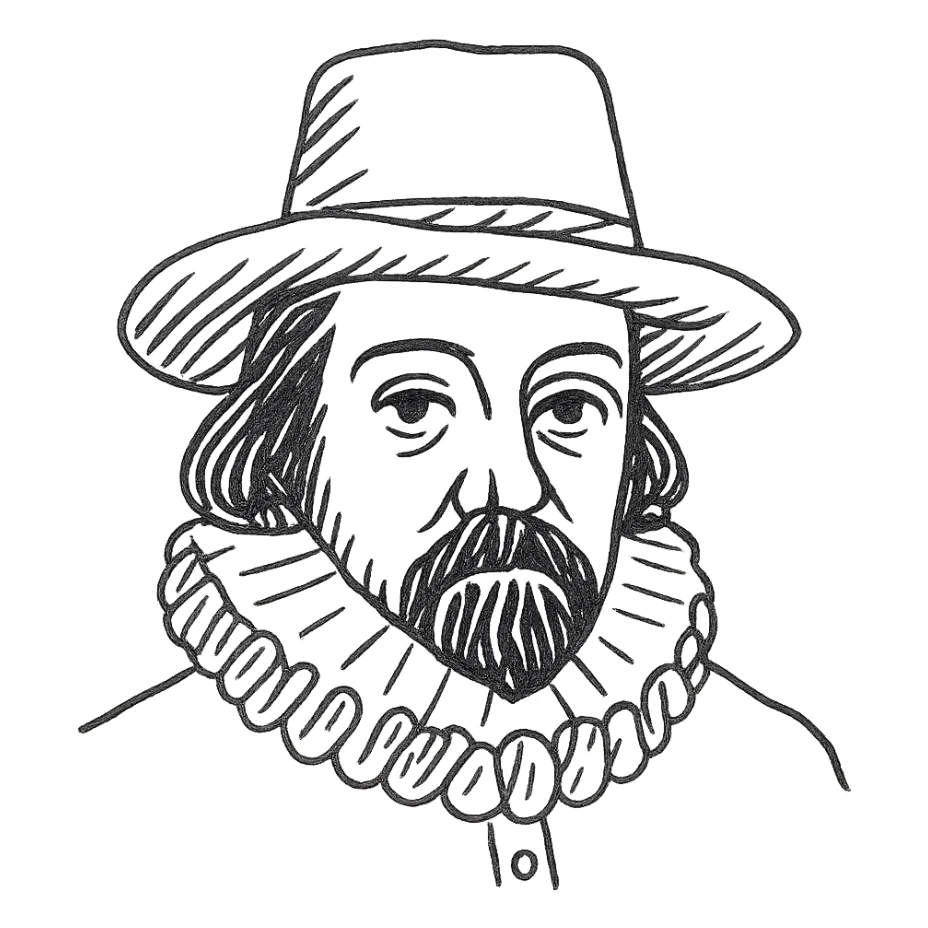 a hand drawn black outline portrait of philosopher Francis Bacon with similar-sized eyes based a famous portrait of him sticker