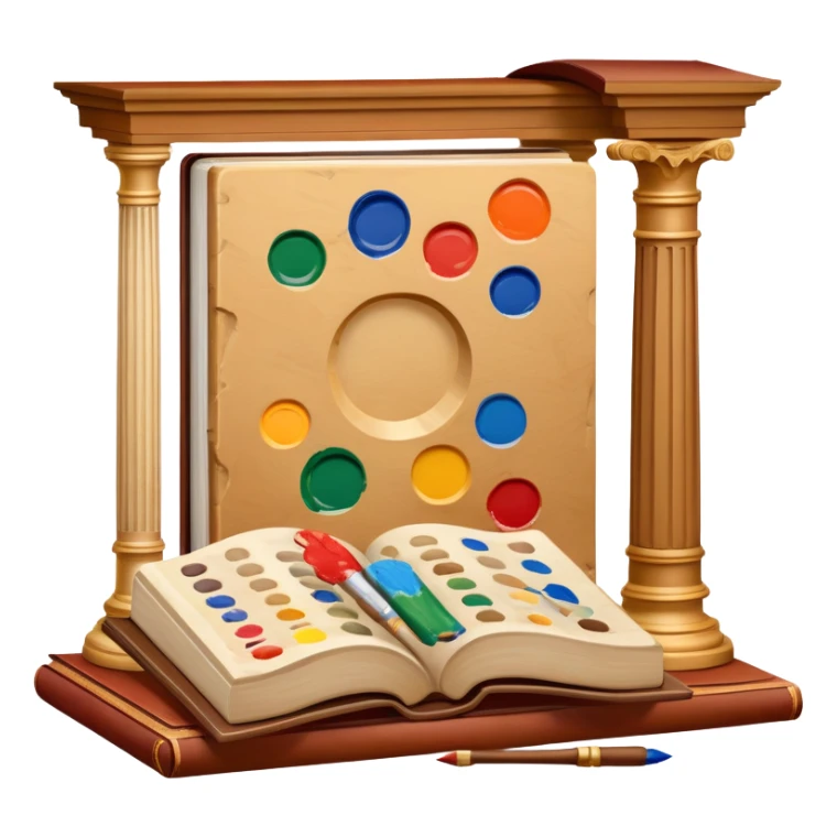 An icon featuring a paint palette, a sculpture, and a book, symbolizing the study of culture and art. The design includes a classical column and a canvas, representing art history and cultural exploration. Transparent background highlights the connection between creativity and history. sticker
