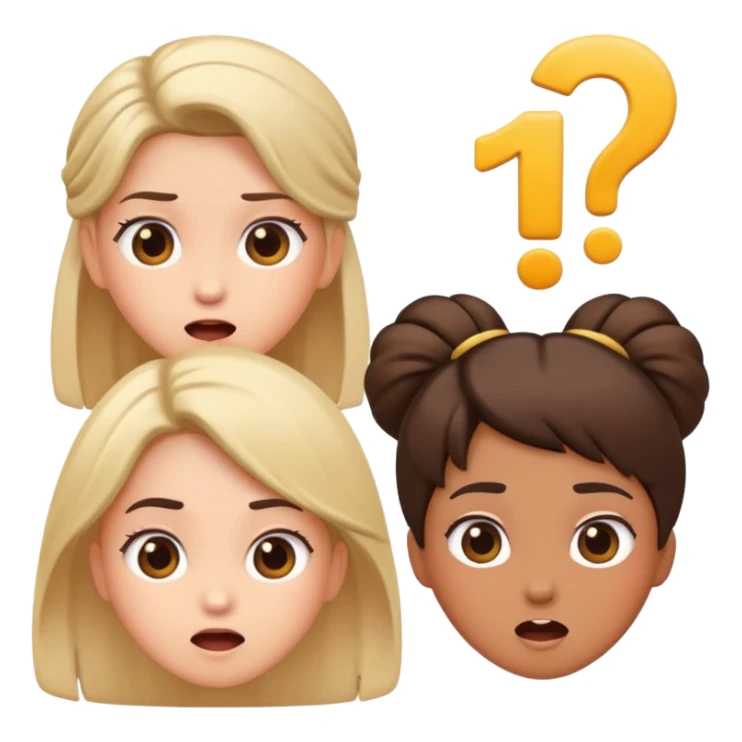 Surprised expression with exclamation mark, then three girl emojis in different hairstyles sticker