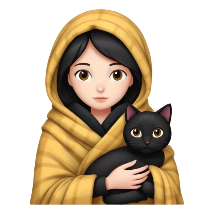A girl wrapped in a blanket holding a black cat sticker