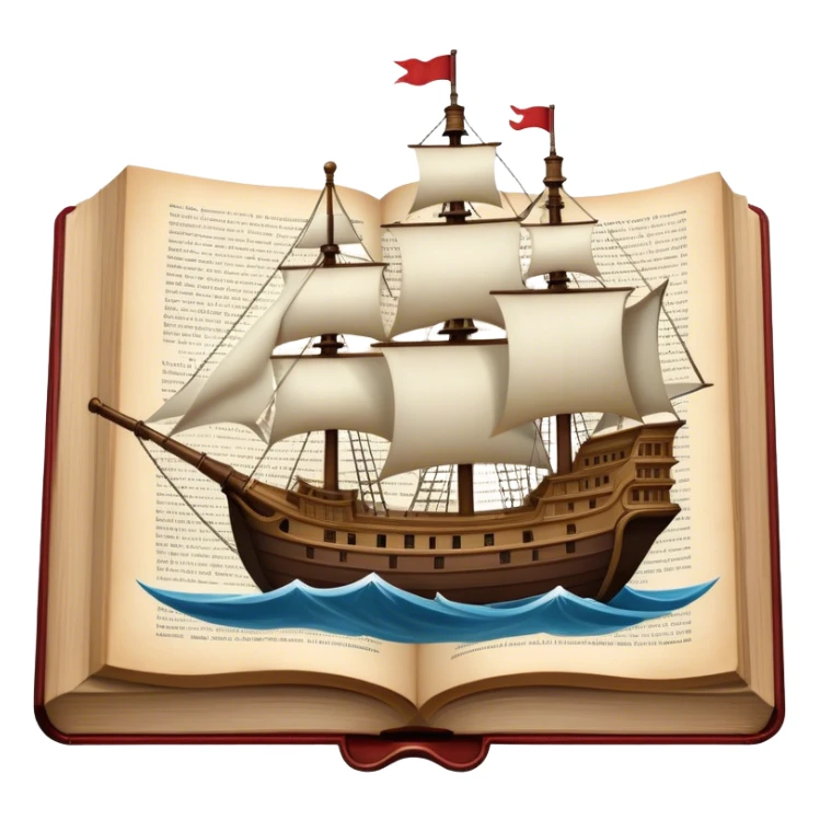 Icon for Reading Fiction: a large open book with pages turning into a sailing ship, with musketeers on horseback, and Sherlock Holmes with a magnifying glass standing nearby. The icon should evoke the adventure and romance of exploring fictional worlds. Transparent background. sticker