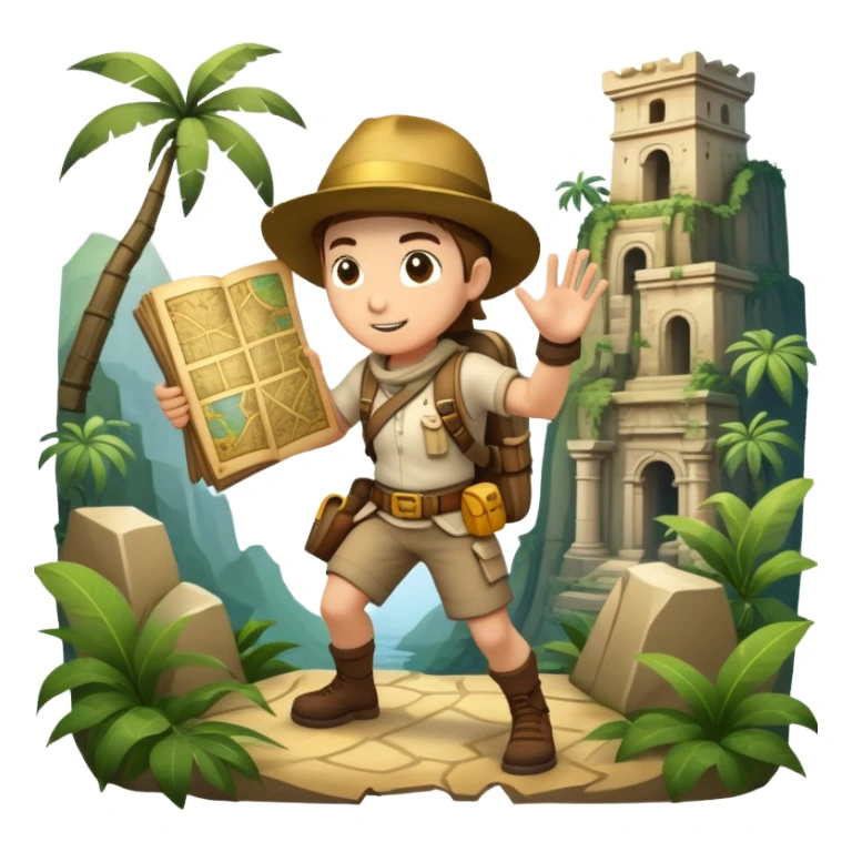 An icon featuring an adventurer in a dynamic action pose, with treasure maps, ancient ruins, and jungle landscapes in the background. The design includes clues, hidden passages, and climbing gear, symbolizing the thrill of exploration and discovery. Transparent background. sticker