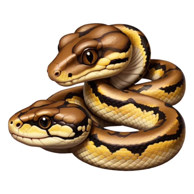 A photo-realistic digital illustration of a Ball Python, large headshot portrait. The snake has a short, rounded snout, smooth contours, and a calm, curious expression. Its head is warm brown with bold, irregular dark markings, including the signature “alien-head” pattern.  sticker