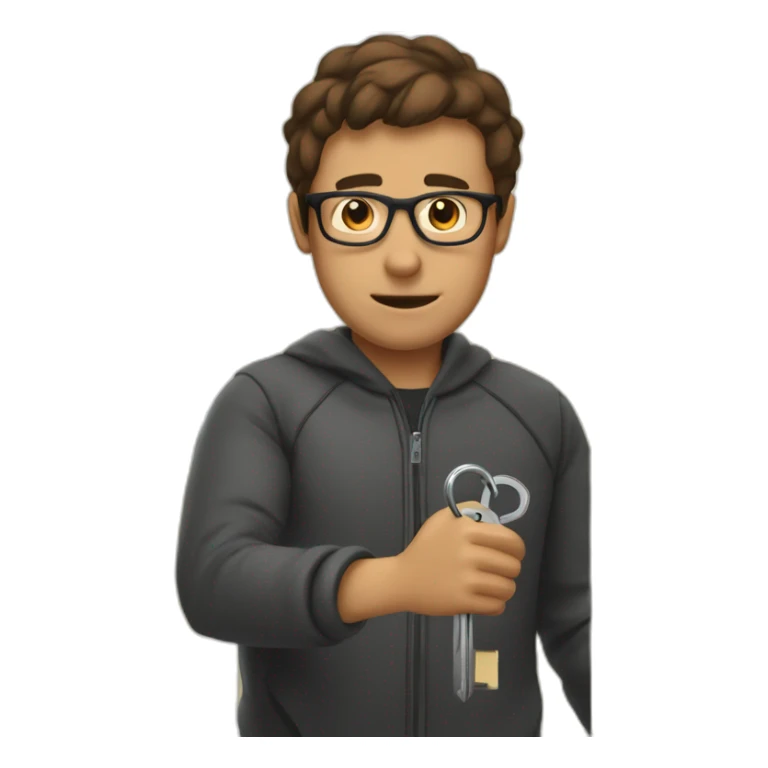 brown-short-haired man with glasses, struggling to fit a key into a lock door sticker