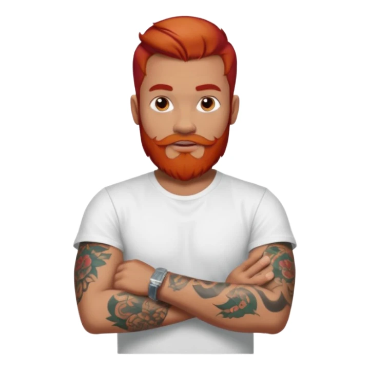 a guy with red beard red hair slick back white tshirt and tattoos oldschool on his arms sticker