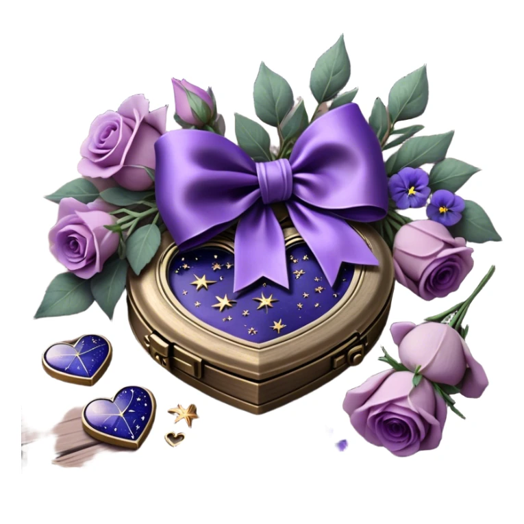 A midnight purple silk bow wraps around a bundle of wilted lavender sprigs, velvety pansies, and blush-violet roses, resting on an aged wooden table. Nearby, an antique silver locket shaped like a heart, engraved with tiny celestial stars, glistens faintly under the dim candlelight. sticker
