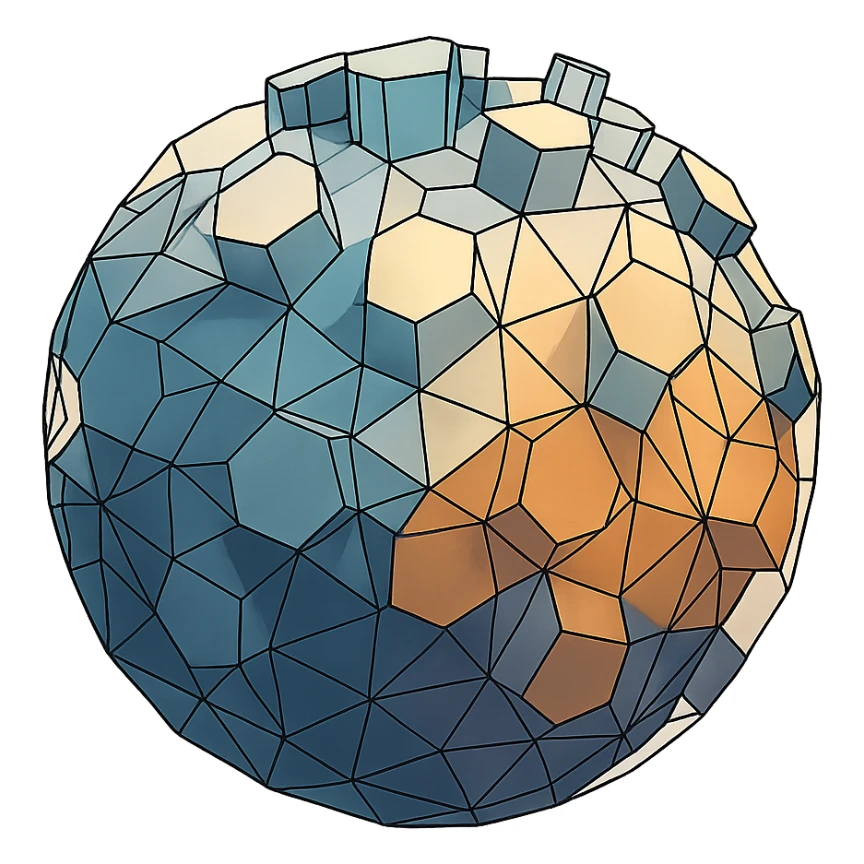 a sphere made of polygons, transparent wireframe, the hexagons are extruded to random heights all over the surface of the sphere, high degree of randomness sticker