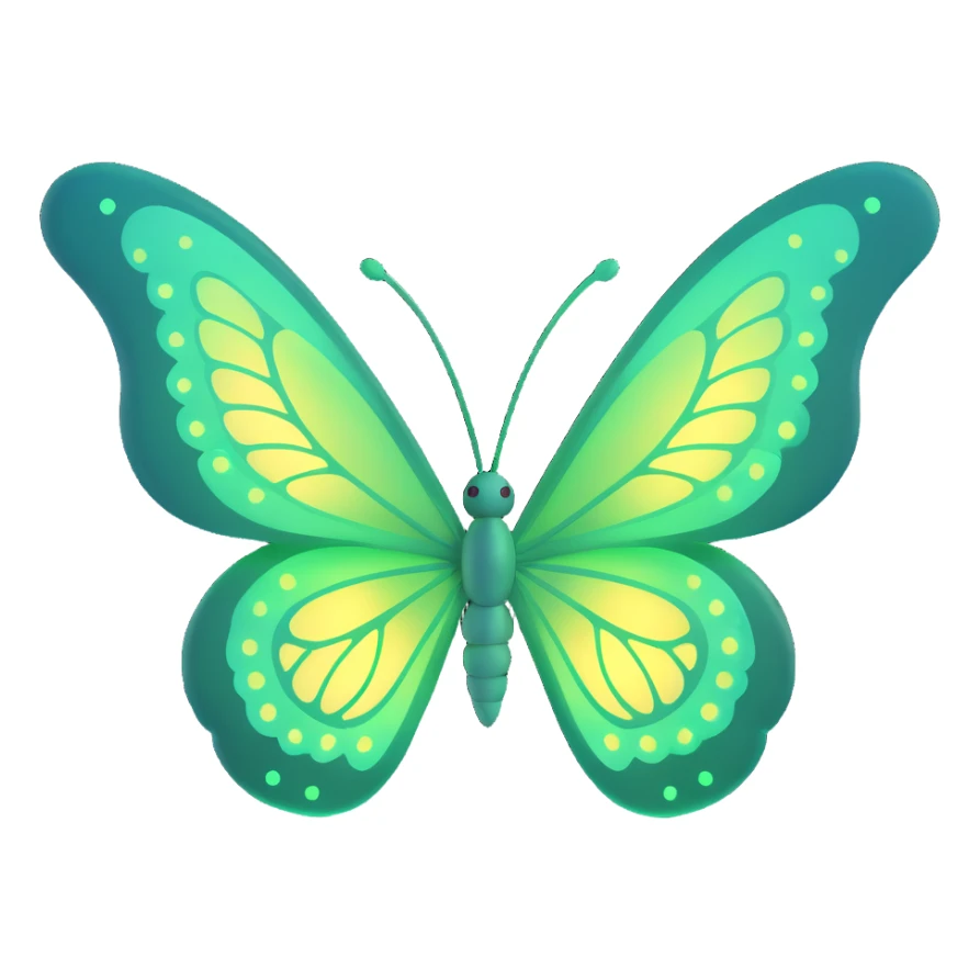 elegant enchanted butterfly in vibrant green #c0ff53, luminous wings, soft glow, magical light bursts, shimmering particles, floating gracefully, transparent background, 3D cartoon digital fantasy art style sticker