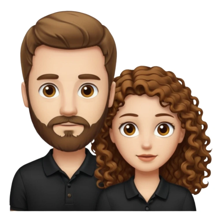Criar Casal - Homem branco de cabelo liso e olhos marrom, com barba, camiseta polo preta e mulher de pele branca cabelo cacheado marrom longo e olhos mel sticker