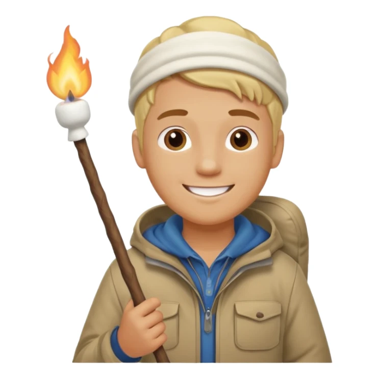 bşonde male with camping clothes holding marshmallow stick sticker