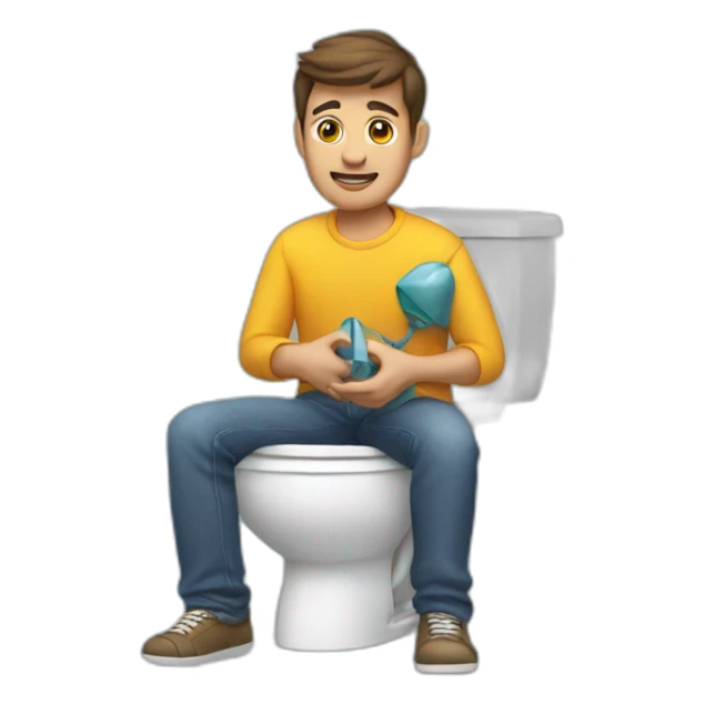 A guy sat on the toilet holding a toy airplane  sticker