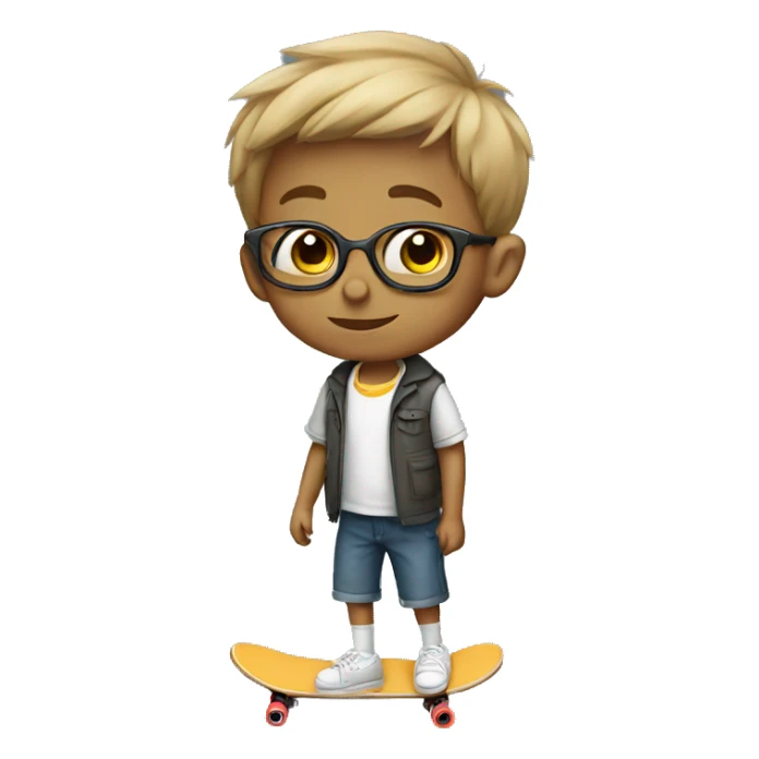 A short boy with glasses and a skateboard sticker