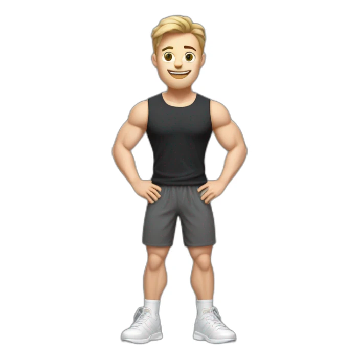 Full height Actively gesturing with hands Pale skinned Fit Man With the biceps and light brown hair with Bristle in dark gray Sleeveless Mike, black oversize sports shorts and white Sneakers sticker