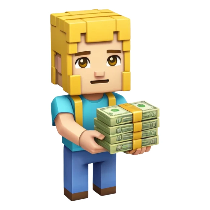 emoji style icon, minecraft blocky character holding a stack of money, pixel art style, bright colors, simple background, 3D glossy emoji, centered composition, soft shadow, high detail, clean outline, white background sticker